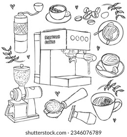 Hand drawn of coffee maker tools design for international coffee day template or cafe wallpaper