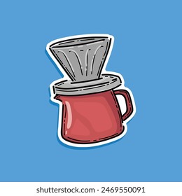 Hand drawn coffee maker.  Vector illustration design isolated in a blue background. Alternative ways of brewing coffee. Manual brew coffee maker called V60, this technique requires filter paper on top