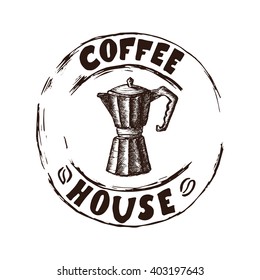 Hand Drawn Coffee Maker Vector Illustration. Coffee Maker Vintage Logo.