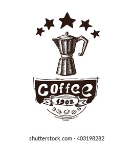 Hand Drawn Coffee Maker Vector Illustration. Coffee Coffee Maker Vintage Logo.