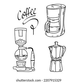 Cafetería y sifón dibujados a mano. Inscripción manuscrita