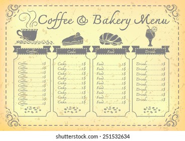 Hand drawn coffee menu on stained old paper background with ornamental frame.