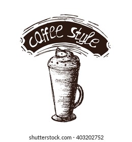  Hand Drawn Coffee Mocha Vector Illustration. Coffee Mocha Vintage Logo With Ribbons