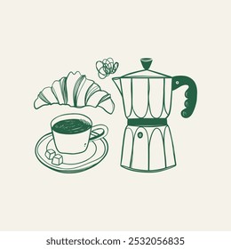 Hand drawn coffee, mug and croissant. Sketch line art style. Vector illustration