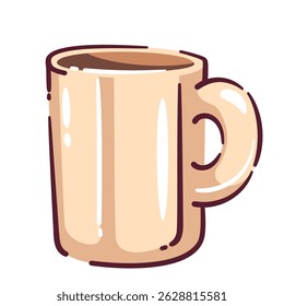 Hand drawn coffee mug doodle in beige color. Simple cartoon style illustration of mug for coffee or tea. Vector illustration for sticker, menu design, or cozy cafe decor.