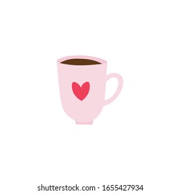 Hand drawn coffee mug flat vector icon isolated on a white background.Coffee mug with heart on it.Valentine's day coffee mug.