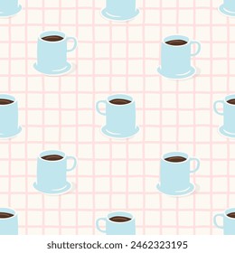 Hand drawn coffee mug seamless pattern. Breakfast caffeine drink cup background illustration. Energy beverage, espresso hot drink wallpaper texture.	
