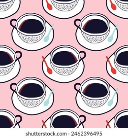 Hand drawn coffee mug seamless pattern. Breakfast caffeine drink cup background illustration. Energy beverage, espresso hot drink wallpaper texture.	