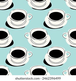 Hand drawn coffee mug seamless pattern. Breakfast caffeine drink cup background illustration. Energy beverage, espresso hot drink wallpaper texture.	