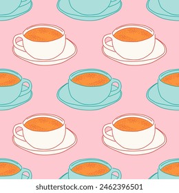 Hand drawn coffee mug seamless pattern. Breakfast caffeine drink cup background illustration. Energy beverage, espresso hot drink wallpaper texture.	