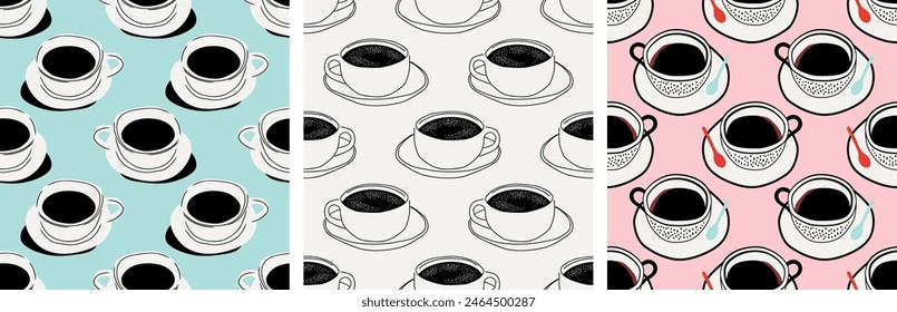 Hand drawn coffee mug seamless pattern set. Breakfast caffeine drink cup background illustration. Energy beverage, espresso hot drink wallpaper texture collection.	