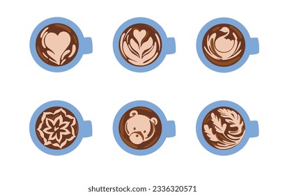 tazas de café a mano con varios diseños de arte de café con leche. leche extraída del café