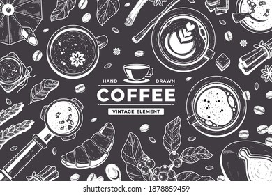 Hand drawn coffee on black chalkboard background