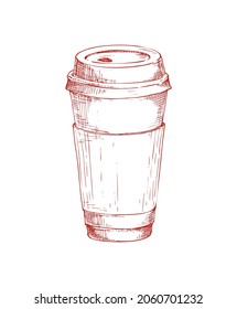 Hand drawn coffee paper cup vector monochrome illustration. Fast food badge sketch style for brochures and banner restaurant menu, cafe cover template