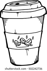 Hand drawn coffee in a paper cup. Doodle coffee from the coffee machine. Vector illustration of a paper glass coffee in a fast food.