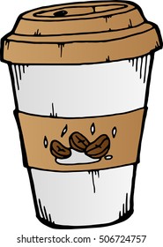 Hand drawn coffee in a paper cup. Doodle coffee from the coffee machine. Vector illustration of a paper glass coffee in a fast food.