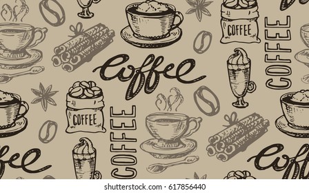 Hand drawn coffee pattern. Calligraphic design elements.