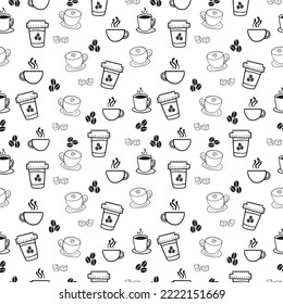 Hand drawn coffee pattern. Seamless monochrome pattern. Doodle pattern.