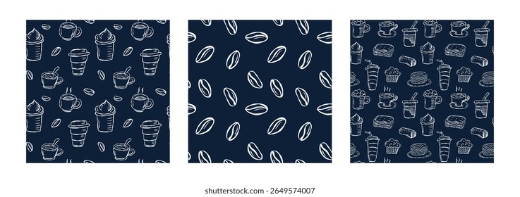 Hand drawn coffee pattern set on dark background
