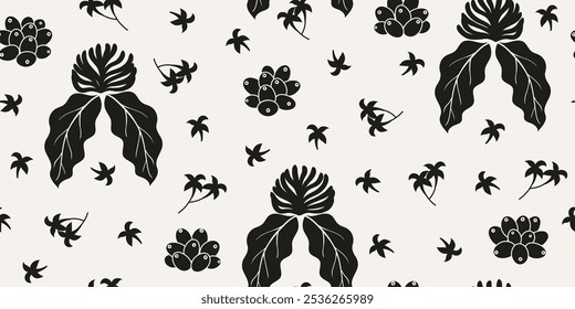 Hand drawn coffee plant flowers seamless pattern. Coffee berries silhouette pattern design for fabric, wrapping, cover, wall art, decoration.
