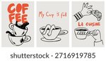 Hand drawn coffee posters. Breakfast la dolce vita doodle print design in chalk, crayon drawing style for invitations, menus, parties. Minimalist line art. Vector illustration of croissant and coffee