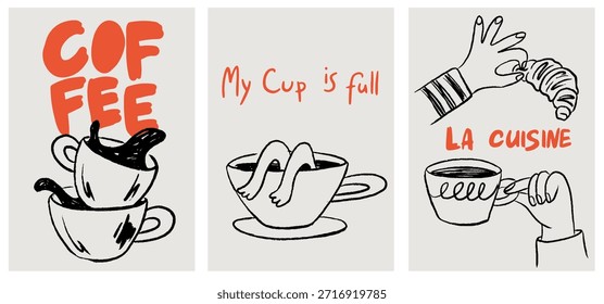 Cartazes de café desenhados à mão. Café da manhã la dolce vita doodle print design em giz, estilo de desenho de giz de cera para convites, menus, festas. Ilustração em vetor de croissant e café