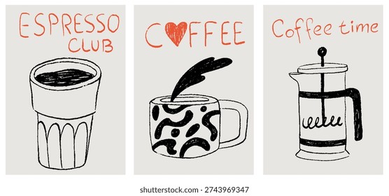 Hand drawn сrayon coffee posters. Breakfast doodle print design in chalk, crayon drawing style for invitations, menus, parties. Minimalist line art. Vector illustration