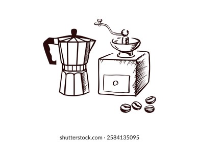 hand drawn coffee pot and coffee bean grinder icon