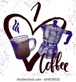 Hand drawn coffee pot and cup with coffee, vector illustration