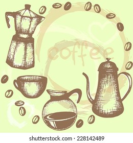hand drawn coffee pots and cups, vintage card design