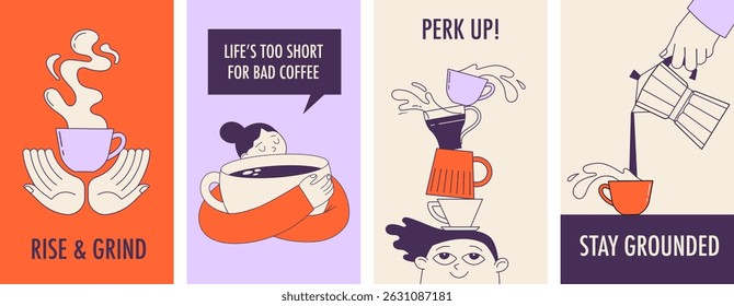 Hand drawn coffee quote posters with cute cartoon characters. Funny vector illustrations in vintage style for cafe menus and wall art.
