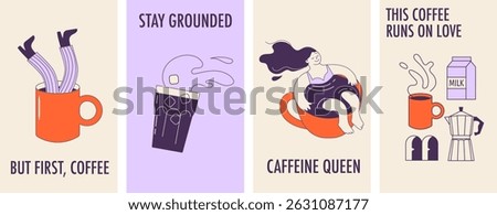 Hand drawn coffee quote posters with cute cartoon characters. Funny vector illustrations in vintage style for cafe menus and wall art.
