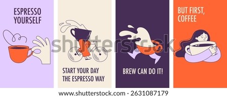 Hand drawn coffee quote posters with cute cartoon characters. Funny vector illustrations in vintage style for cafe menus and wall art.
