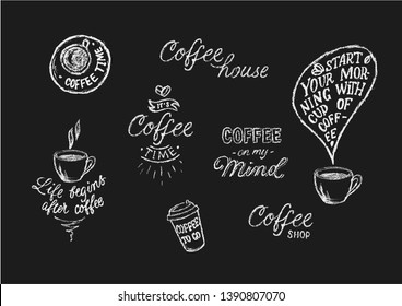 Hand drawn coffee related popular quotes set. But first coffee. Handwritten lettering design elements for cafe decoration and shop advertising. Vector chalk board lettering. 