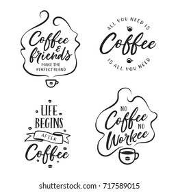 Hand drawn coffee related popular quotes set. Handwritten lettering design elements for cafe decoration and shop advertising. Vector vintage illustration.
