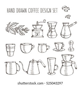 Hand drawn coffee related set. Design elements for coffee shop posters, prints, advertising. Kitchenware silhouettes. Coffee to go cup. Alternative coffee makers. Vector vintage illustration.