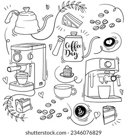 Hand drawn of coffee in retro design for international coffee day campaign