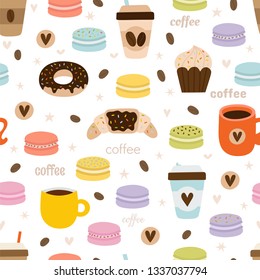 Hand drawn coffee seamless pattern. Set of coffee party symbols, objects and elements. Cute and funny background. Vector illustration