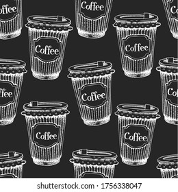 Hand drawn coffee seamless pattern. Vector coffee to go illustrations on chalk board. Vintage fast food background