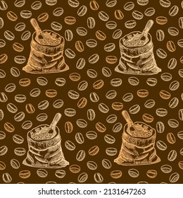Hand drawn coffee seamless pattern. Coffee bag sketch. Coffee beans hand drawing light on a dark background.