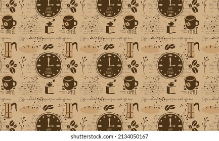 Hand Drawn Coffee Seamless Pattern with Lettering Vector Background 