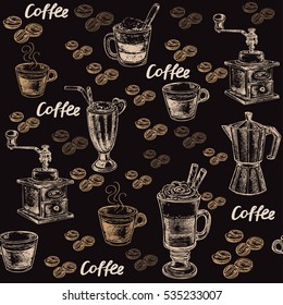 hand drawn coffee seamless pattern on the black background