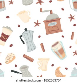 hand drawn coffee semless pattern on white background. Vector illustrations of coffee cups, buns and croissant, spices and other coffee accessories.
