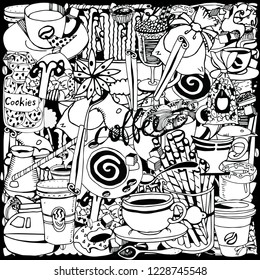Hand Drawn Coffee Set. Black and White illustration.