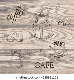 hand drawn coffee set in black on wooden background. vector illustration.
