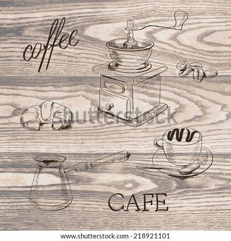 hand drawn coffee set in black on wooden background. vector illustration.