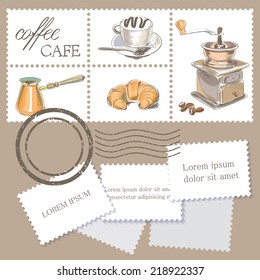 hand drawn coffee set colored separated isolated on postal marks with stamps. vector illustration. 
