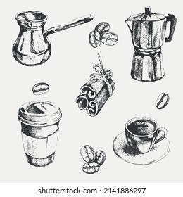Hand drawn coffee set. Coffee cup, coffee beans, coffee maker, turk, canella
