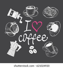 Hand drawn coffee set. Design with sketch illustration of coffee theme for coffee shop. 
