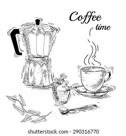 Hand drawn coffee set include Coffee Maker, Cup, saucer and other kitchenware